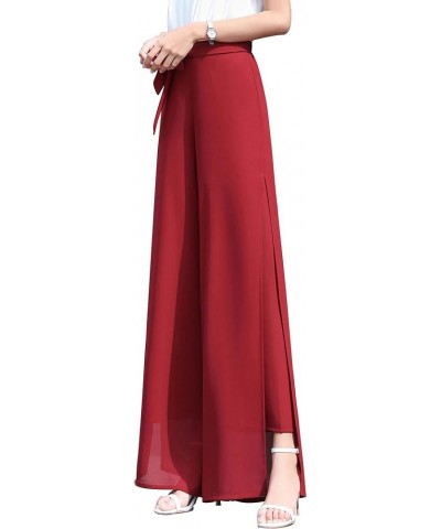 Womens Chiffon High Waist Palazzo Dressy Pants Flare Elastic Waist Culottes Trousers Pant Suits Self Tie Red Split $20.90 Pants