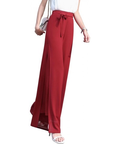 Womens Chiffon High Waist Palazzo Dressy Pants Flare Elastic Waist Culottes Trousers Pant Suits Self Tie Red Split $20.90 Pants