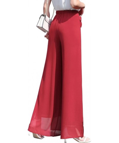 Womens Chiffon High Waist Palazzo Dressy Pants Flare Elastic Waist Culottes Trousers Pant Suits Self Tie Red Split $20.90 Pants