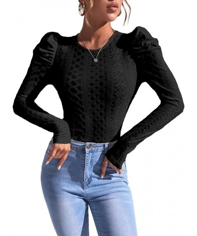 Womens Long Sleeve Crochet Top Puff Sleeve Knit Sweater Elegant Work Blouse Black $7.64 Sweaters