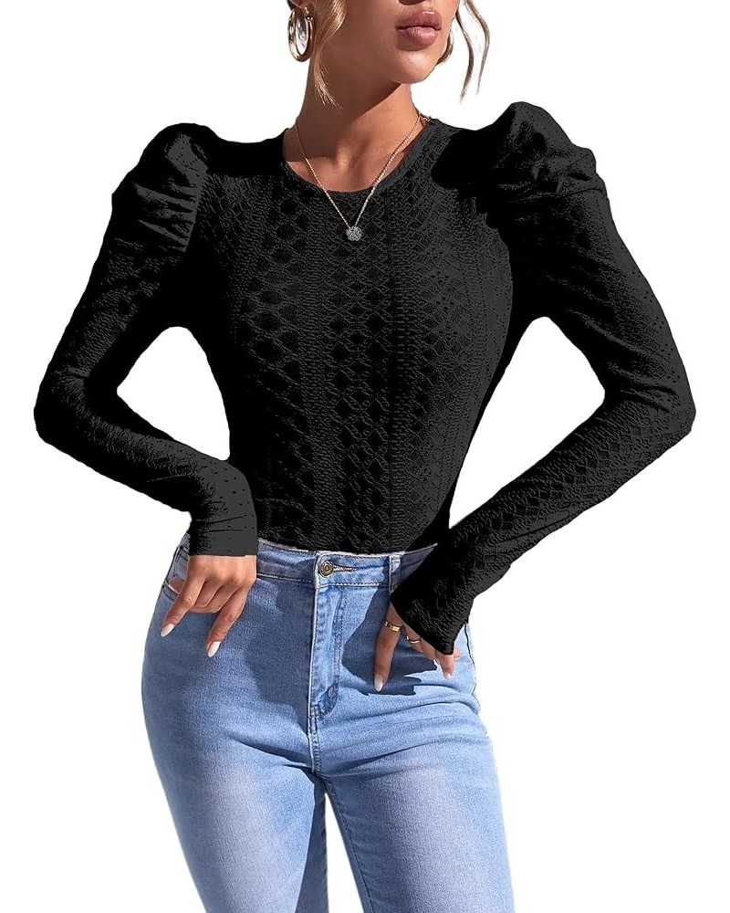 Womens Long Sleeve Crochet Top Puff Sleeve Knit Sweater Elegant Work Blouse Black $7.64 Sweaters