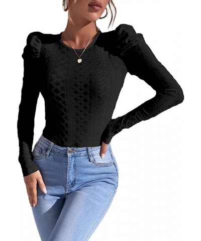 Womens Long Sleeve Crochet Top Puff Sleeve Knit Sweater Elegant Work Blouse Black $7.64 Sweaters