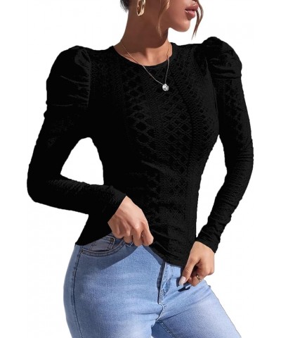 Womens Long Sleeve Crochet Top Puff Sleeve Knit Sweater Elegant Work Blouse Black $7.64 Sweaters