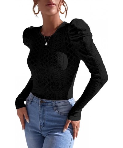 Womens Long Sleeve Crochet Top Puff Sleeve Knit Sweater Elegant Work Blouse Black $7.64 Sweaters