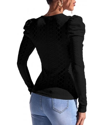 Womens Long Sleeve Crochet Top Puff Sleeve Knit Sweater Elegant Work Blouse Black $7.64 Sweaters