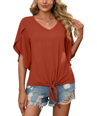 Women's Tie Front Blouses V Neck 3/4 Split Sleeve Summer Knot Tops Shirts Vg Rust Red $12.76 Tops