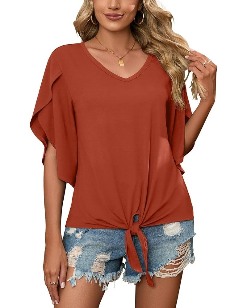 Women's Tie Front Blouses V Neck 3/4 Split Sleeve Summer Knot Tops Shirts Vg Rust Red $12.76 Tops