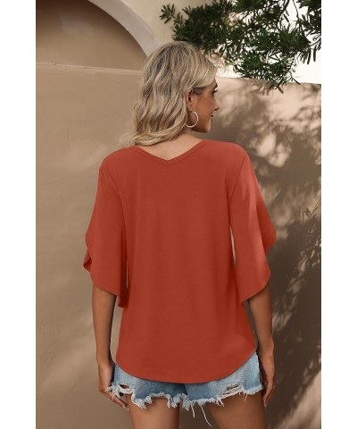 Women's Tie Front Blouses V Neck 3/4 Split Sleeve Summer Knot Tops Shirts Vg Rust Red $12.76 Tops