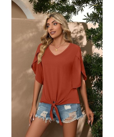 Women's Tie Front Blouses V Neck 3/4 Split Sleeve Summer Knot Tops Shirts Vg Rust Red $12.76 Tops