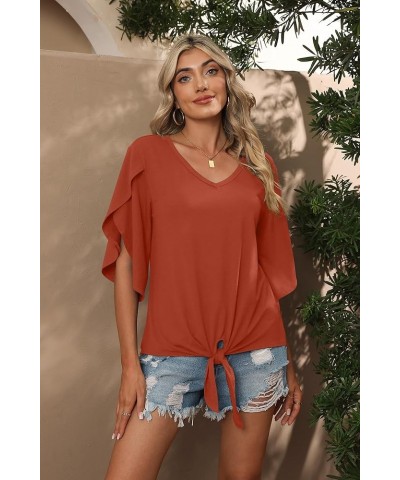 Women's Tie Front Blouses V Neck 3/4 Split Sleeve Summer Knot Tops Shirts Vg Rust Red $12.76 Tops