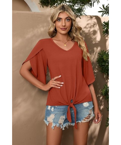 Women's Tie Front Blouses V Neck 3/4 Split Sleeve Summer Knot Tops Shirts Vg Rust Red $12.76 Tops