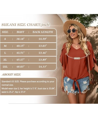 Women's Tie Front Blouses V Neck 3/4 Split Sleeve Summer Knot Tops Shirts Vg Rust Red $12.76 Tops