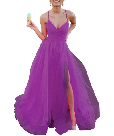 Women's Tulle Bridesmaid Dress Long V Neck A Line Formal Evening Gown with Slit Ball Gown RPM219 Purple $39.95 Dresses