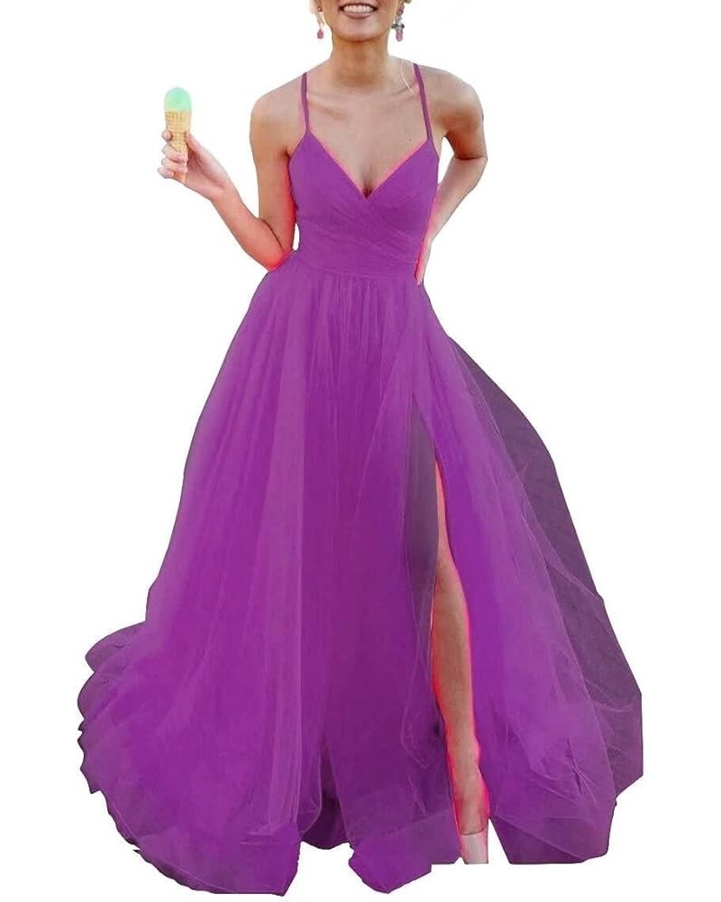 Women's Tulle Bridesmaid Dress Long V Neck A Line Formal Evening Gown with Slit Ball Gown RPM219 Purple $39.95 Dresses