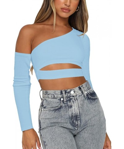 Women's One Shoulder Cut Out Waist Long Sleeve Slim Fit Casual Crop Top Blouse Light Blue $14.40 Blouses