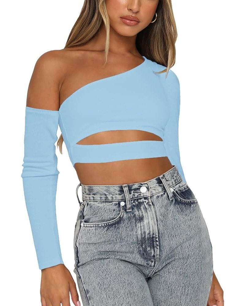 Women's One Shoulder Cut Out Waist Long Sleeve Slim Fit Casual Crop Top Blouse Light Blue $14.40 Blouses