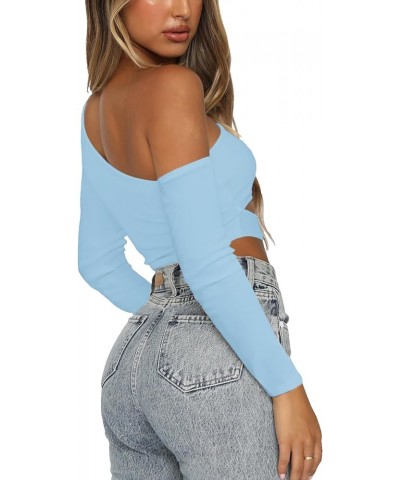 Women's One Shoulder Cut Out Waist Long Sleeve Slim Fit Casual Crop Top Blouse Light Blue $14.40 Blouses