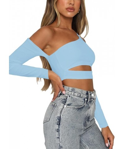 Women's One Shoulder Cut Out Waist Long Sleeve Slim Fit Casual Crop Top Blouse Light Blue $14.40 Blouses