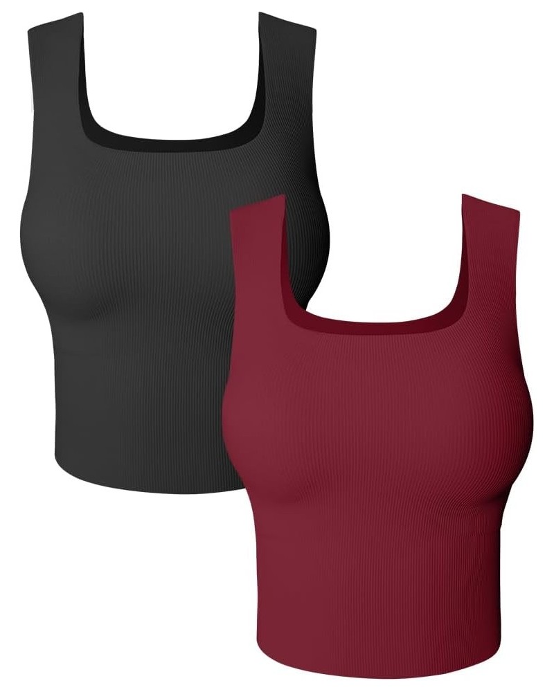 Women's 2 Piece Tanks Camis Ribbed Sleeveless Workout Going Out Basic Crop Tops Black Winered $16.42 Tanks