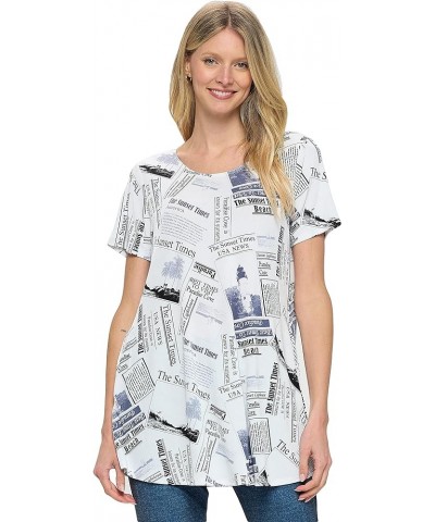 Women's Casual Tunic Top - Short Sleeve Round Neck Print and Solid Soft T Shirt with Pockets W383 White $25.50 Tops