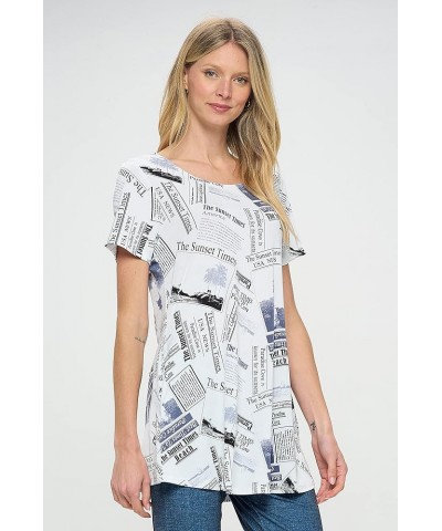 Women's Casual Tunic Top - Short Sleeve Round Neck Print and Solid Soft T Shirt with Pockets W383 White $25.50 Tops