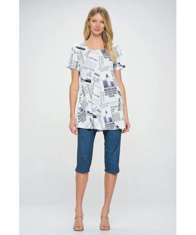 Women's Casual Tunic Top - Short Sleeve Round Neck Print and Solid Soft T Shirt with Pockets W383 White $25.50 Tops