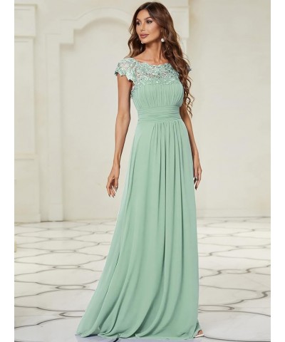 Women's Cap Sleeve Ruched Lace Round Neck Chiffon Formal Evening Gowns 09993-US Mint Green1 $36.07 Dresses