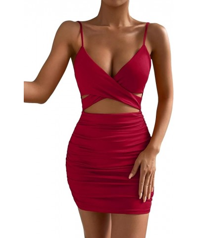 Women's Twist Front Ruched Sleeveless Bodycon Mini Dress Burgundy Plain $21.19 Dresses