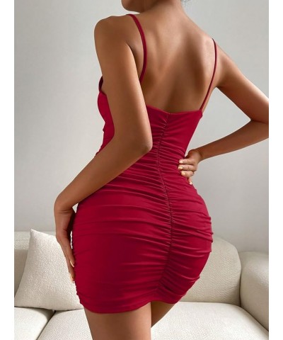 Women's Twist Front Ruched Sleeveless Bodycon Mini Dress Burgundy Plain $21.19 Dresses