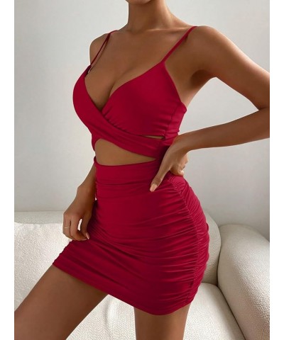 Women's Twist Front Ruched Sleeveless Bodycon Mini Dress Burgundy Plain $21.19 Dresses