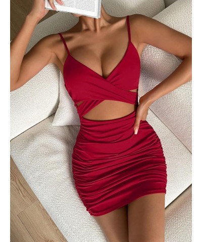 Women's Twist Front Ruched Sleeveless Bodycon Mini Dress Burgundy Plain $21.19 Dresses