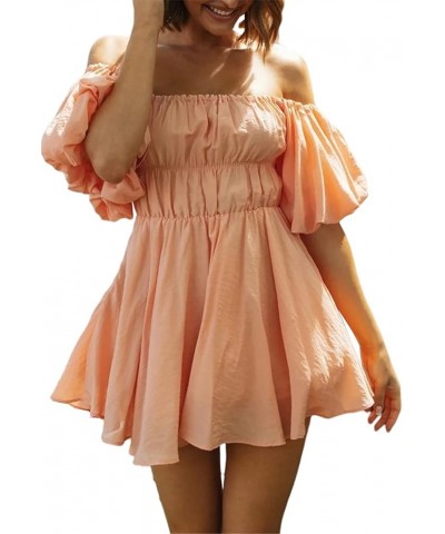 Summer Dress for Women Short Puff Sleeve Boho Off The Shoulder Casual Smocked Swing Mini Dress Orange $17.81 Dresses