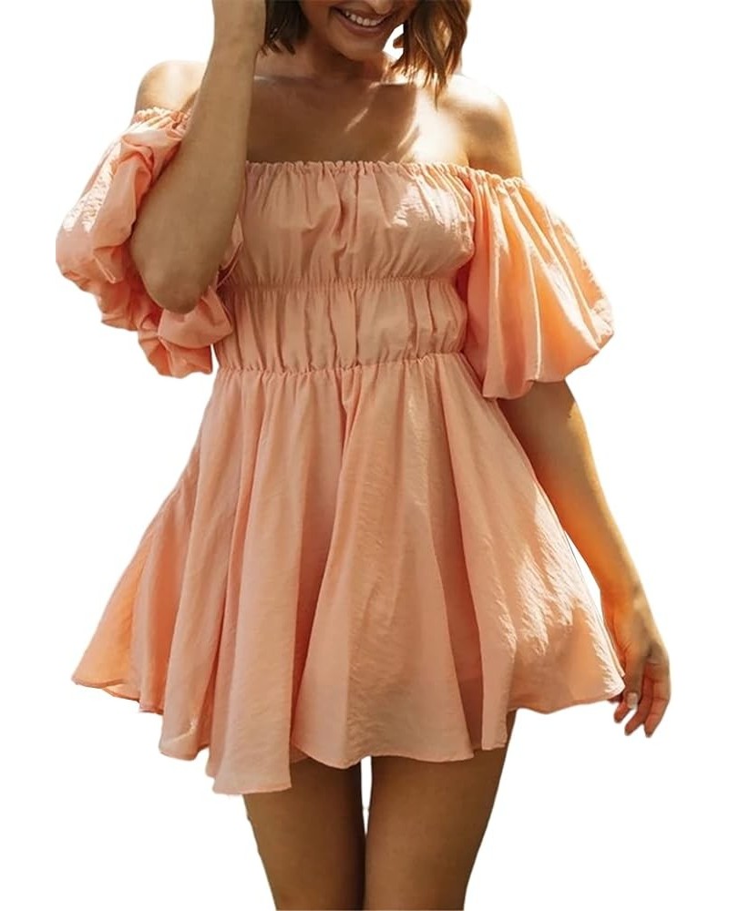 Summer Dress for Women Short Puff Sleeve Boho Off The Shoulder Casual Smocked Swing Mini Dress Orange $17.81 Dresses