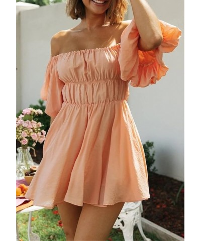 Summer Dress for Women Short Puff Sleeve Boho Off The Shoulder Casual Smocked Swing Mini Dress Orange $17.81 Dresses