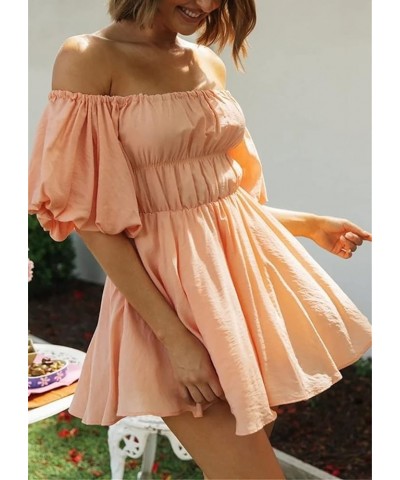 Summer Dress for Women Short Puff Sleeve Boho Off The Shoulder Casual Smocked Swing Mini Dress Orange $17.81 Dresses