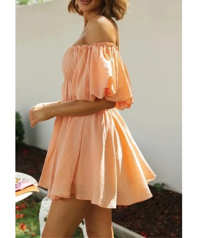 Summer Dress for Women Short Puff Sleeve Boho Off The Shoulder Casual Smocked Swing Mini Dress Orange $17.81 Dresses