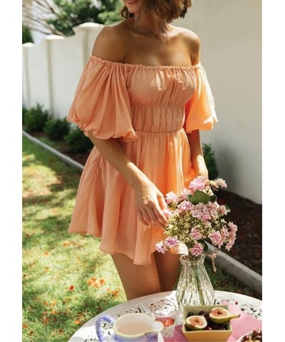 Summer Dress for Women Short Puff Sleeve Boho Off The Shoulder Casual Smocked Swing Mini Dress Orange $17.81 Dresses