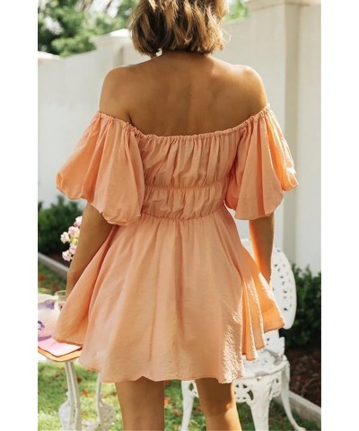 Summer Dress for Women Short Puff Sleeve Boho Off The Shoulder Casual Smocked Swing Mini Dress Orange $17.81 Dresses