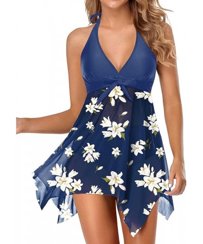 Women Two Piece Swim Dress Swimsuit Halter Bathing Suit Dress Mesh Tankini Top with Tummy Control Shorts Blue Floral $18.80 S...