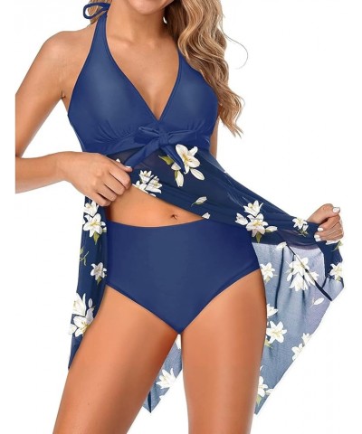 Women Two Piece Swim Dress Swimsuit Halter Bathing Suit Dress Mesh Tankini Top with Tummy Control Shorts Blue Floral $18.80 S...