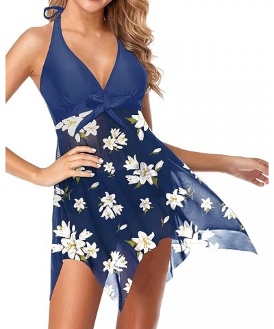 Women Two Piece Swim Dress Swimsuit Halter Bathing Suit Dress Mesh Tankini Top with Tummy Control Shorts Blue Floral $18.80 S...