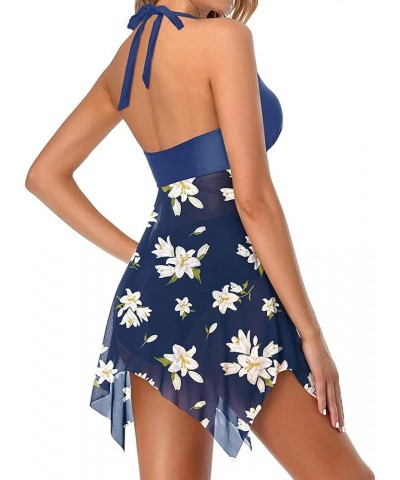 Women Two Piece Swim Dress Swimsuit Halter Bathing Suit Dress Mesh Tankini Top with Tummy Control Shorts Blue Floral $18.80 S...