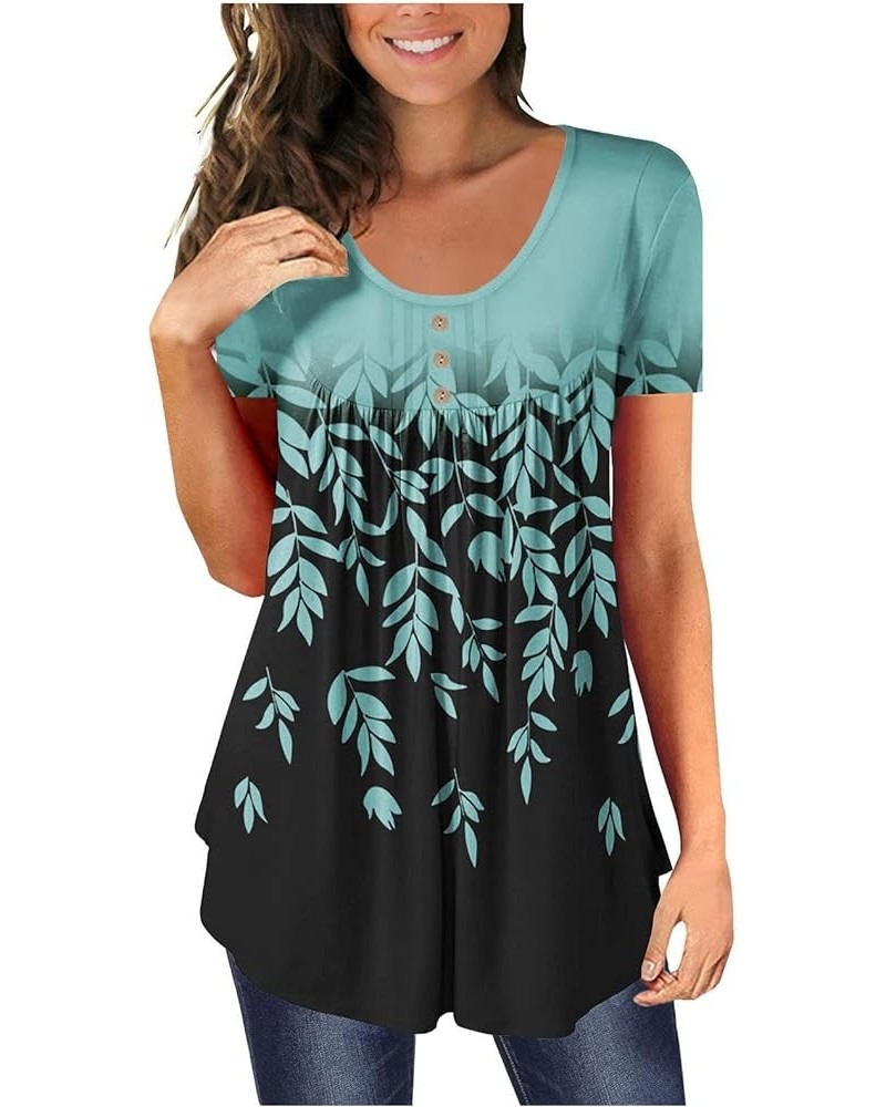 Womens Tops Hide Belly Tunic 2024 Summer Short Sleeve T Shirts Cute Flowy Henley Tshirt Casual Dressy Blouses D-blue $3.91 Tops