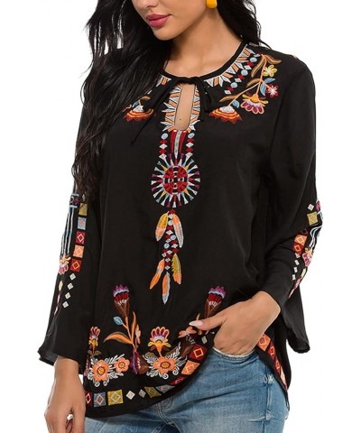 Women's Embroidered Tops Mexican Shirt V Neck Summer Casual Tops Peasant Tunic Loose Blouse 194-black $24.20 Blouses