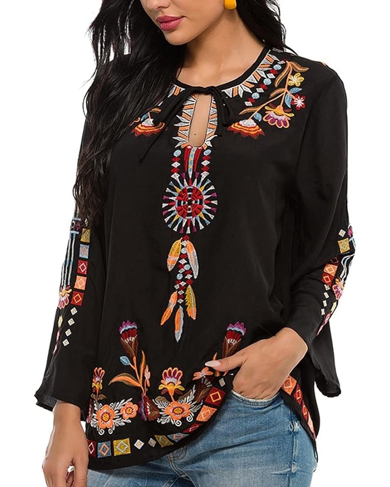 Women's Embroidered Tops Mexican Shirt V Neck Summer Casual Tops Peasant Tunic Loose Blouse 194-black $24.20 Blouses