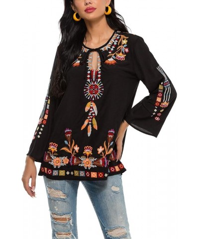 Women's Embroidered Tops Mexican Shirt V Neck Summer Casual Tops Peasant Tunic Loose Blouse 194-black $24.20 Blouses