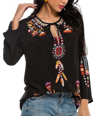 Women's Embroidered Tops Mexican Shirt V Neck Summer Casual Tops Peasant Tunic Loose Blouse 194-black $24.20 Blouses