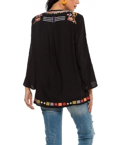 Women's Embroidered Tops Mexican Shirt V Neck Summer Casual Tops Peasant Tunic Loose Blouse 194-black $24.20 Blouses