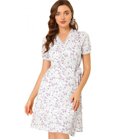 V Neck Wrap Dresses for Women's Short Sleeve Knee Length Floral Print Dress White $12.44 Dresses