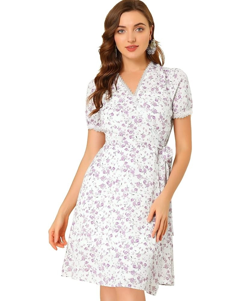 V Neck Wrap Dresses for Women's Short Sleeve Knee Length Floral Print Dress White $12.44 Dresses